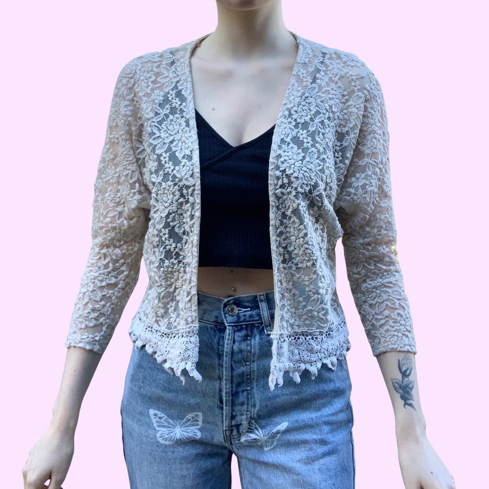 Stella cream sheer lace open cardigan S